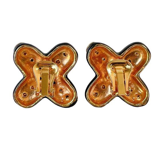 Black Enamel White Rhinestone Gold Plated X Marks the Spot Kiss Clip On Earrings - Picture 2 of 3